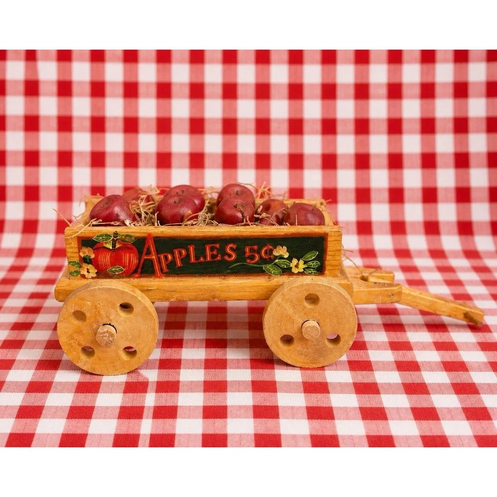 1980s Wooden Apple Wagon Cart Apples 5¢ Farmhouse Kitchen Decor Mini